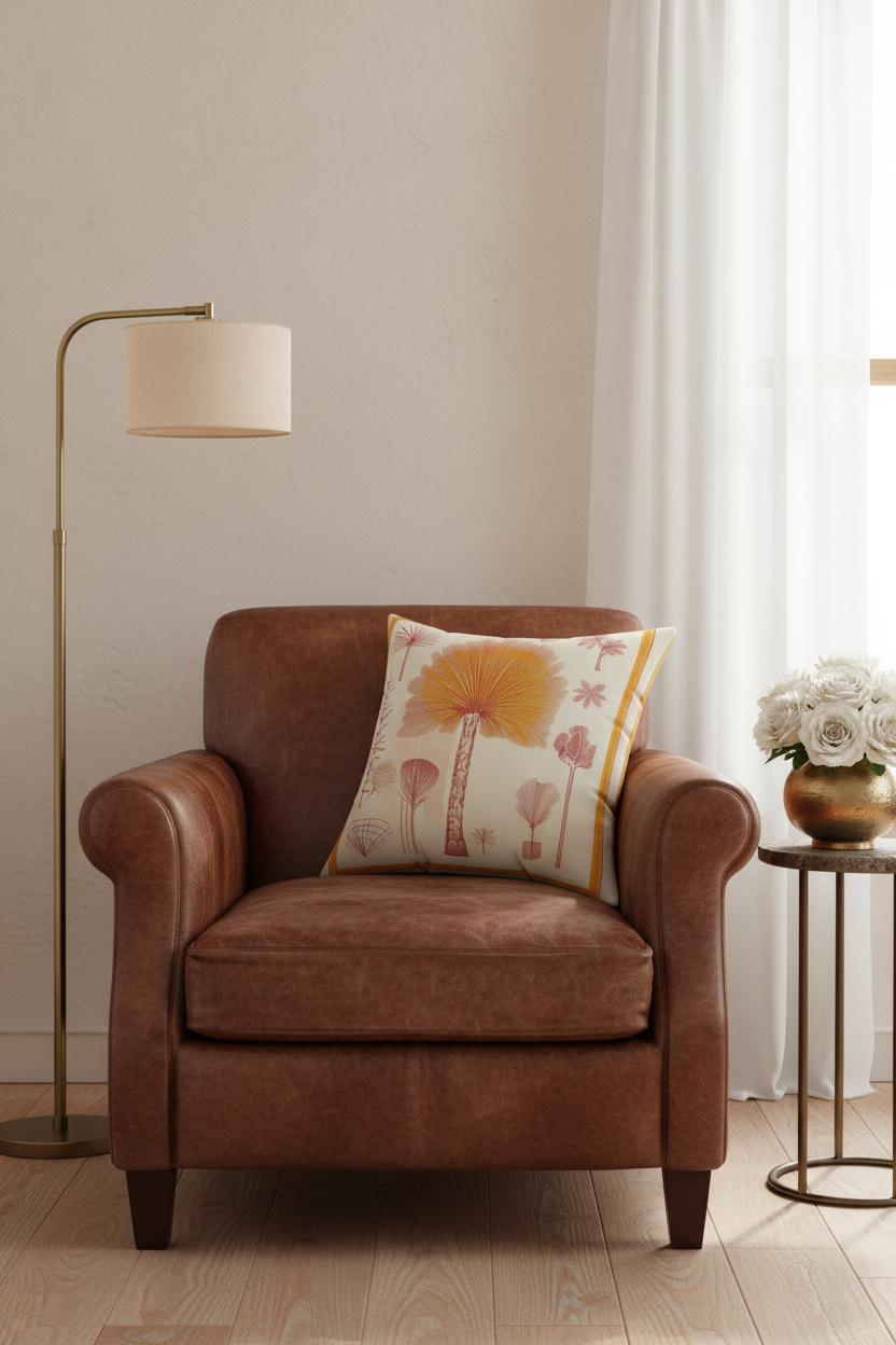 A brown leather armchair in a bright living room setting, styled with a decorative throw pillow featuring a yellow sunflower and pink botanical pattern. A brass floor lamp stands to the left, and a small side table with white roses is on the right.