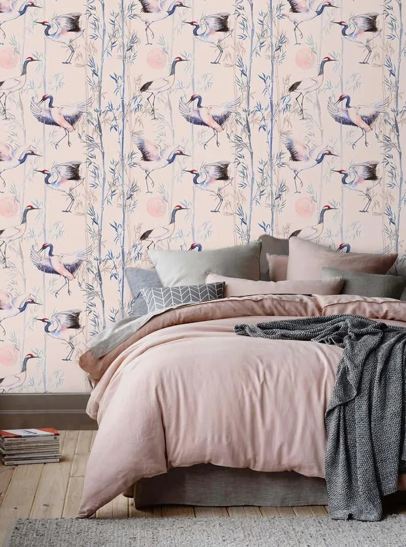 Sunset Branches and Herons Pink Wallpaper