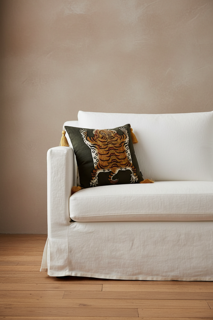 Tassel Tibetan Tiger Throw Pillow - Olive