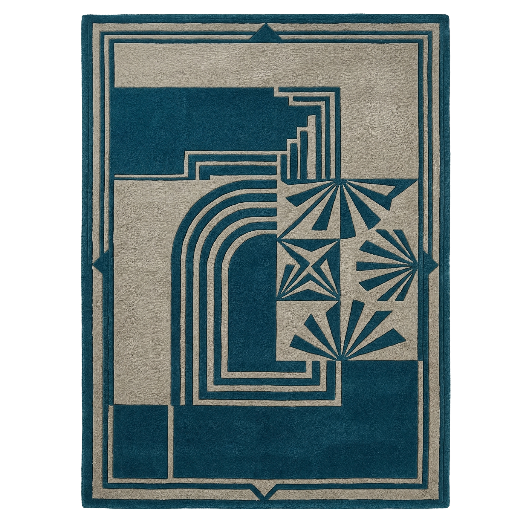 Rug with geometric design in blue and beige on a white background