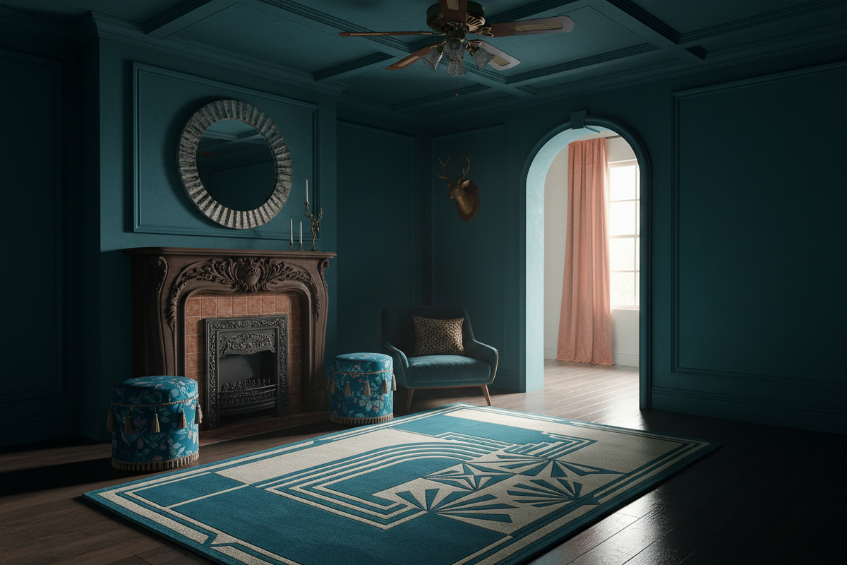 Dark blue room with a fireplace, mirror, and decorative rug.