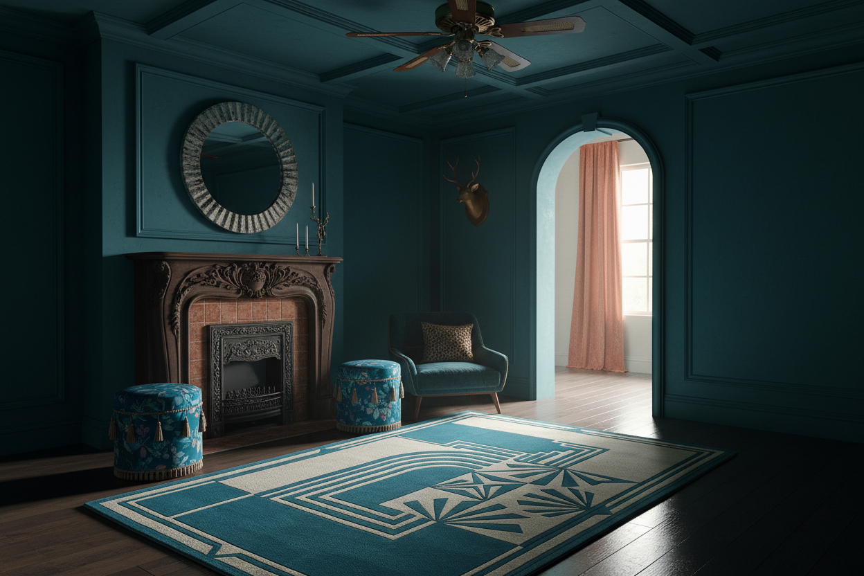 Dark blue room with a fireplace, mirror, and decorative rug.