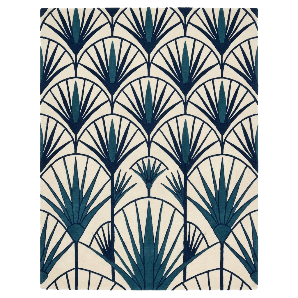 Teal Deco Palm Hand Tufted Wool Rug