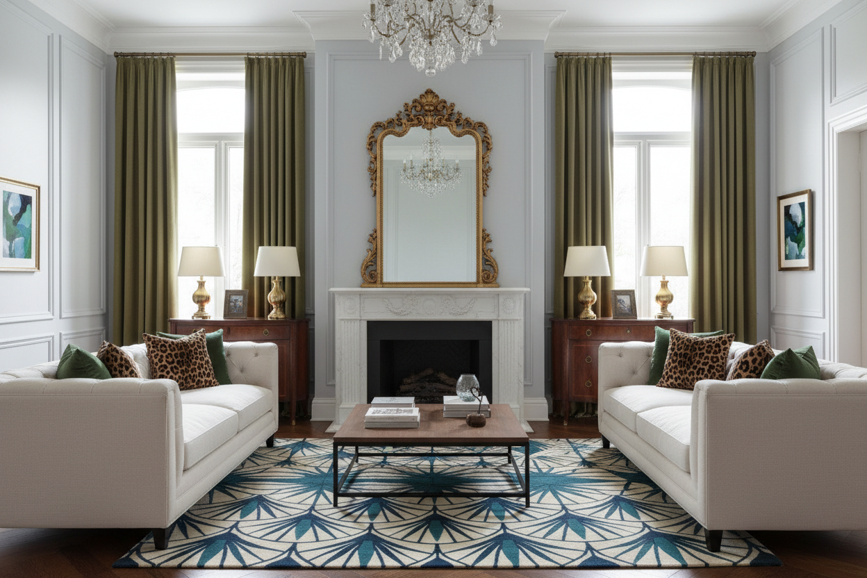 Luxurious living room with floral rug, white sofas, a fireplace, and decorative elements.