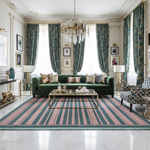 Luxurious living room with green sofa, striped rug, and decorative elements.
