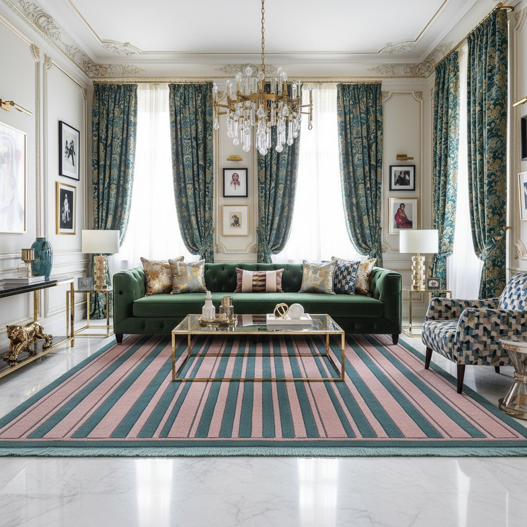 Luxurious living room with green sofa, striped rug, and decorative elements.