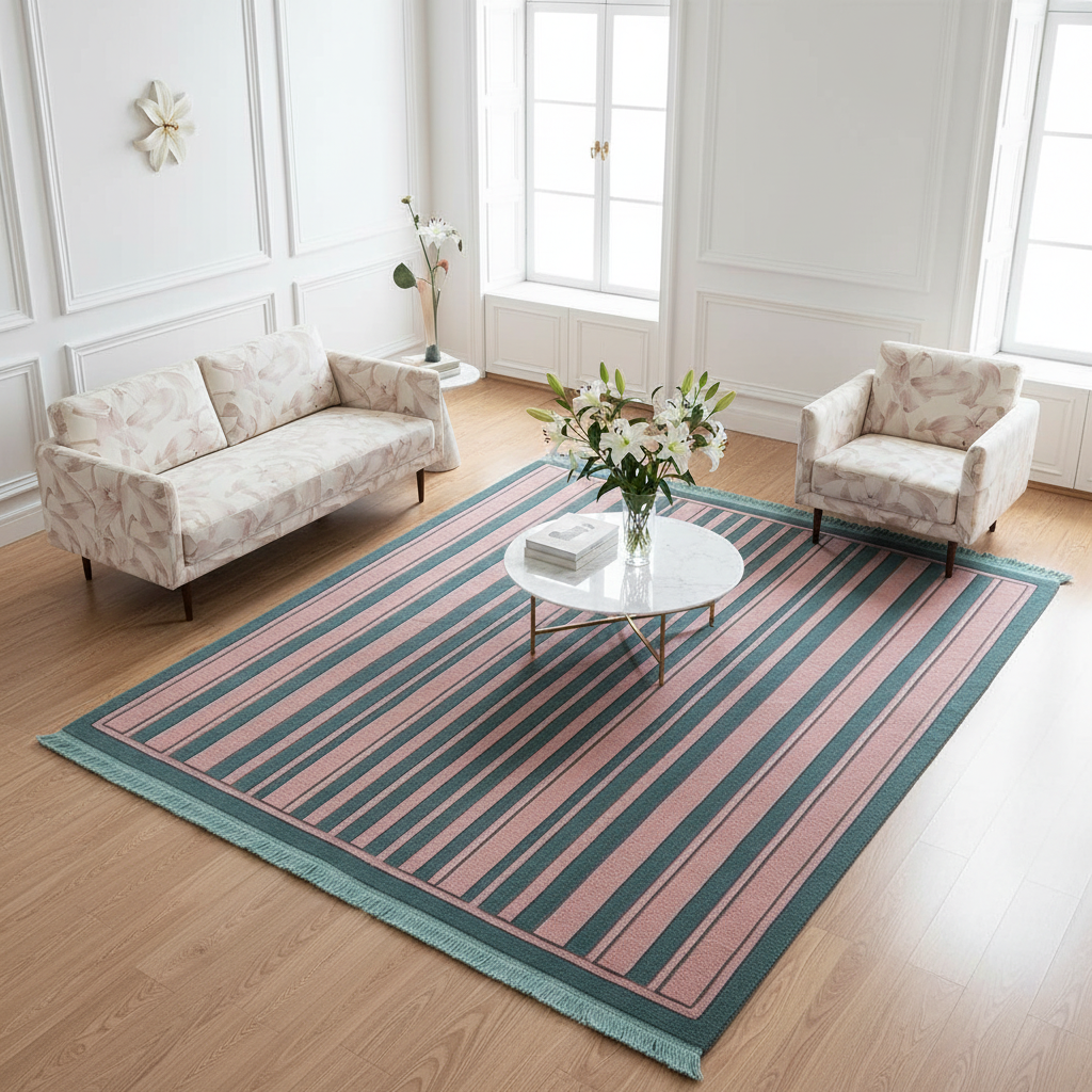 Living room with a striped rug, sofa, and armchair.