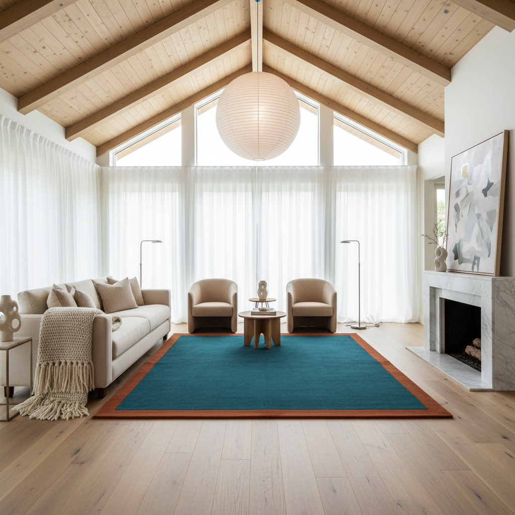 A large teal blue area rug with a brown border is styled in a bright, modern living room with light wood floors, a cream sofa, and a fireplace.
