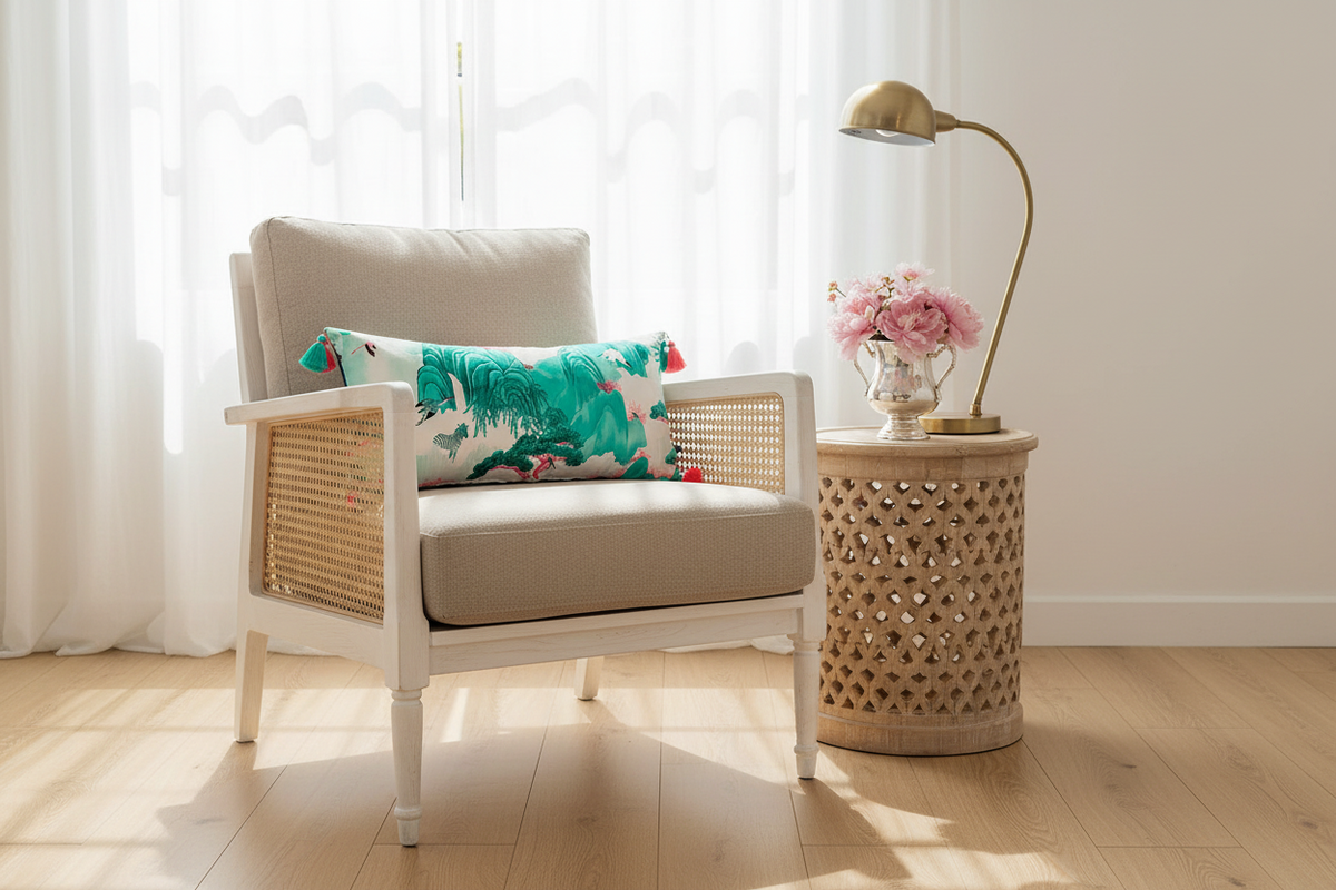 A white armchair with woven cane panels and a beige cushion sits in a bright room beside a matching woven side table holding a brass lamp and a vase of pink flowers. A green tropical floral lumbar pillow rests on the chair.