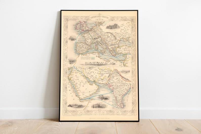 Tehran City Map Wall Print| 1956 Tehran Map Art Poster Print Overland Route To India 1851| Trade Route Map 