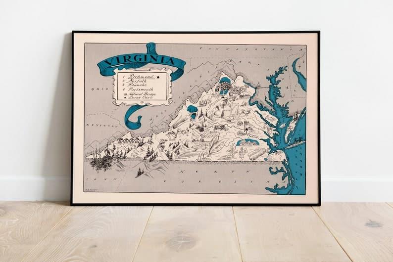 Tennessee Map Print| Art History Tennessee Map Print| Art History Virginia State Map for Wall Decor| Virginia Canvas Wall Art 