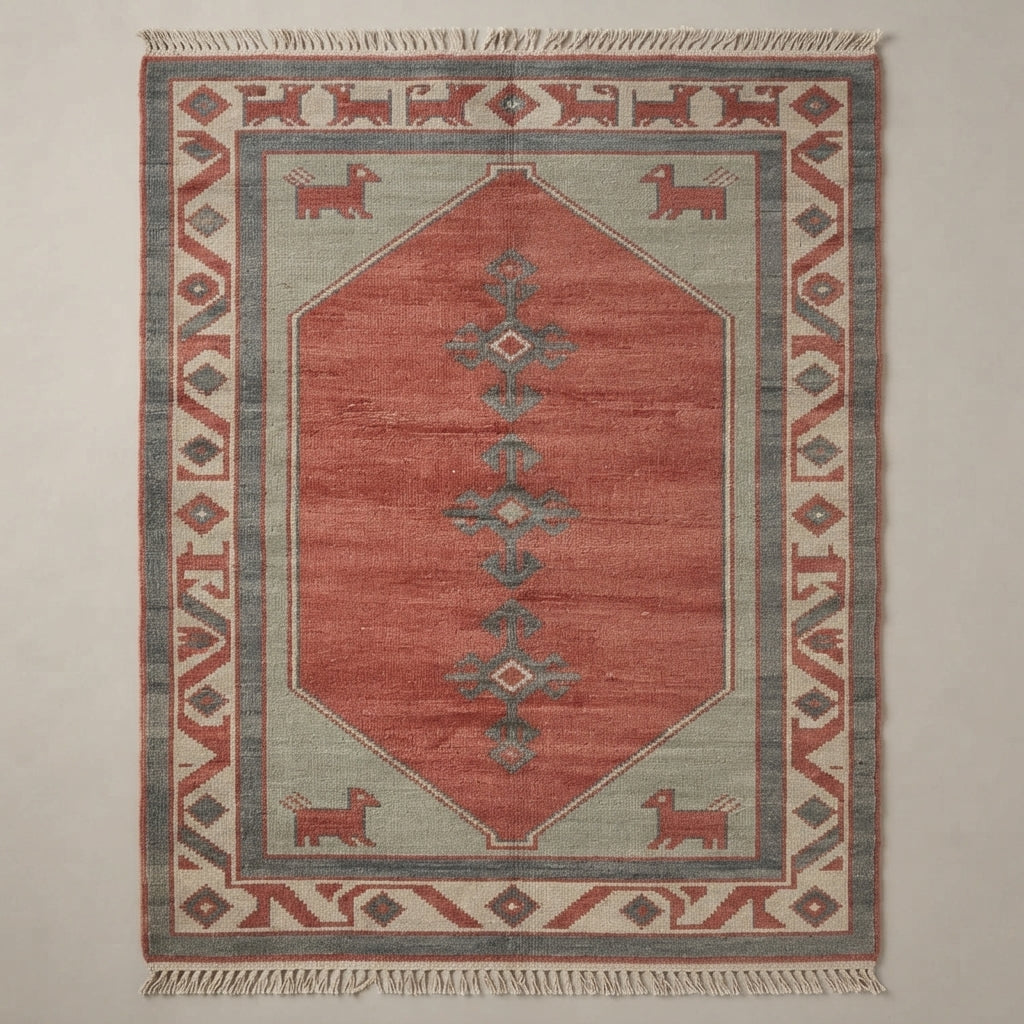 Terracotta Caravan Hand Knotted Rug — red, sage, gray tribal rug by Maia Homes