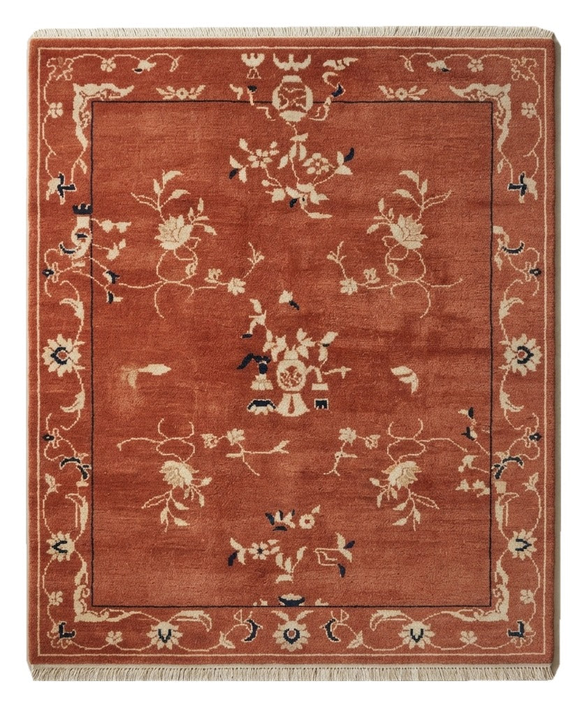 Terracotta Peking Garden Hand Knotted Rug — terracotta, rust, cream chinoiserie rug by Maia Homes on a white background