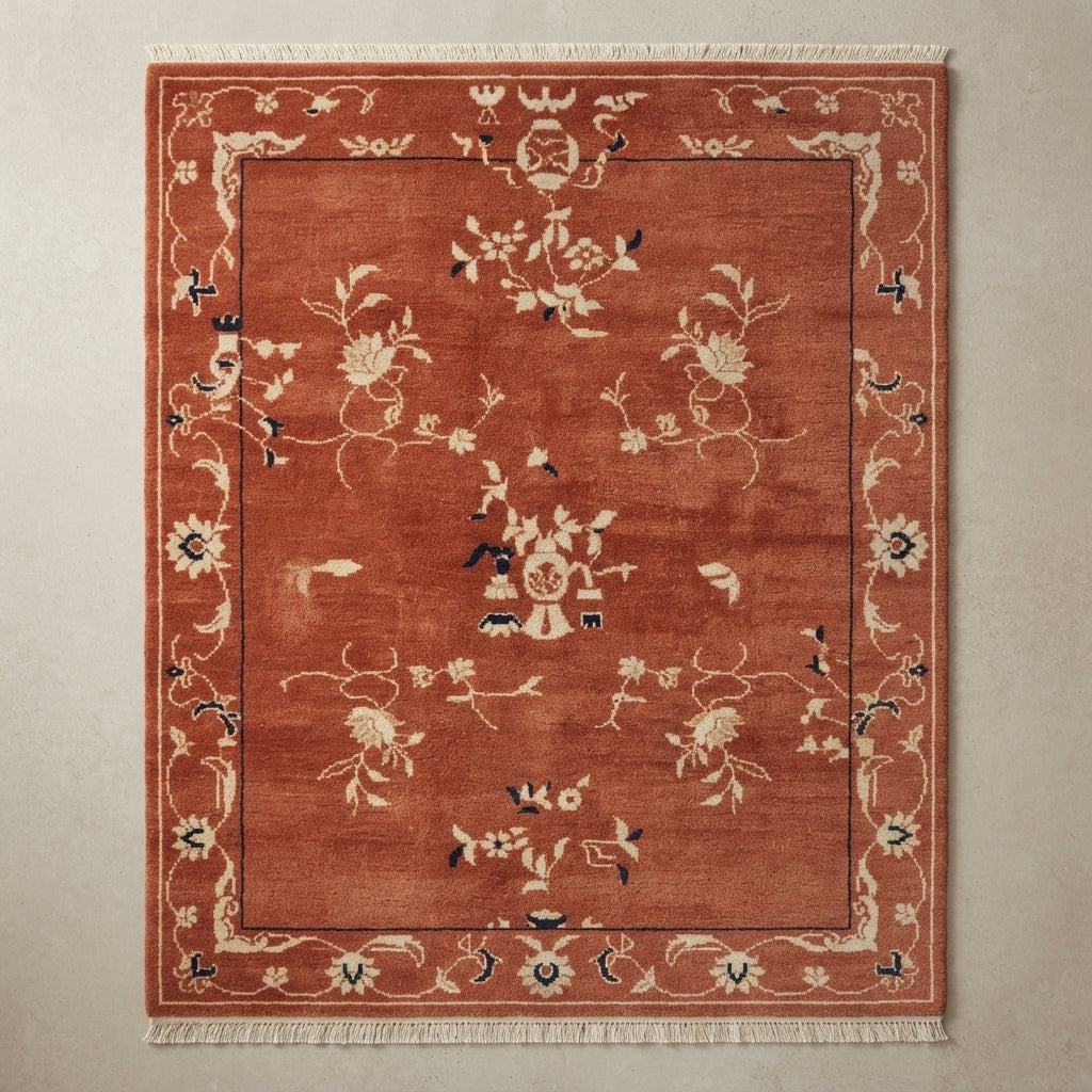 Terracotta Peking Garden Hand Knotted Rug — terracotta, rust, cream chinoiserie rug by Maia Homes