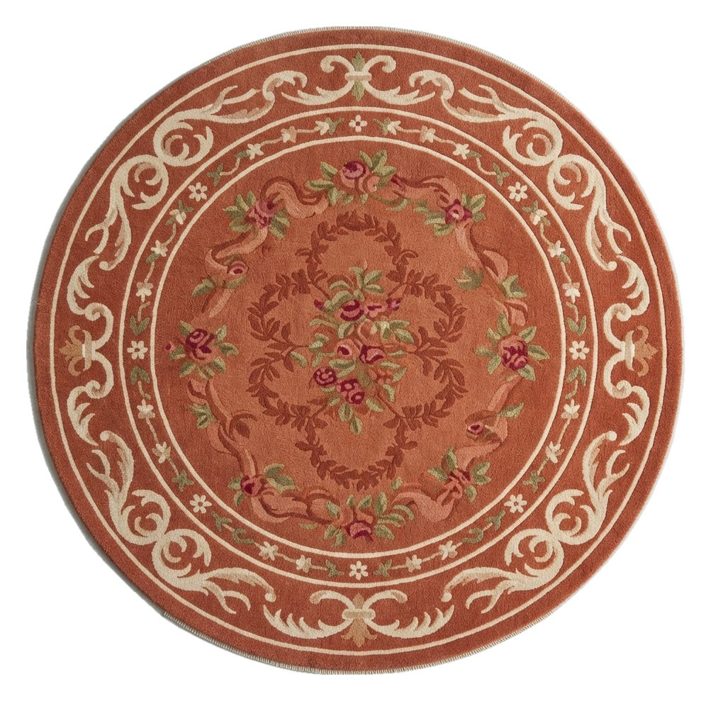 Terracotta Rococo Round Hand Tufted Rug — terracotta, cream, red floral rug by Maia Homes on a white background