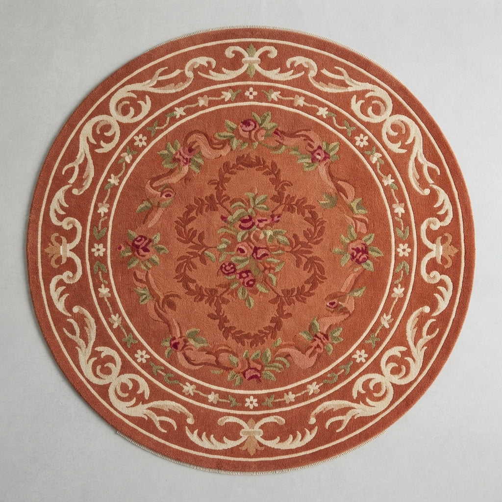 Terracotta Rococo Round Hand Tufted Rug — terracotta, cream, red floral rug by Maia Homes