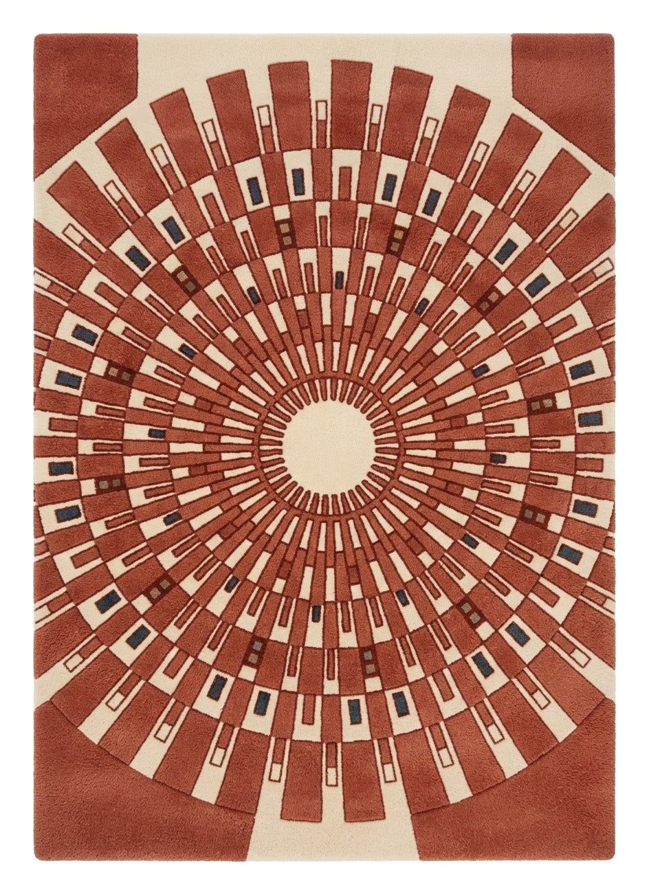 Terracotta Sunburst Deco Hand Tufted Wool Rug — terracotta, red, cream art deco rug by Maia Homes on a white background
