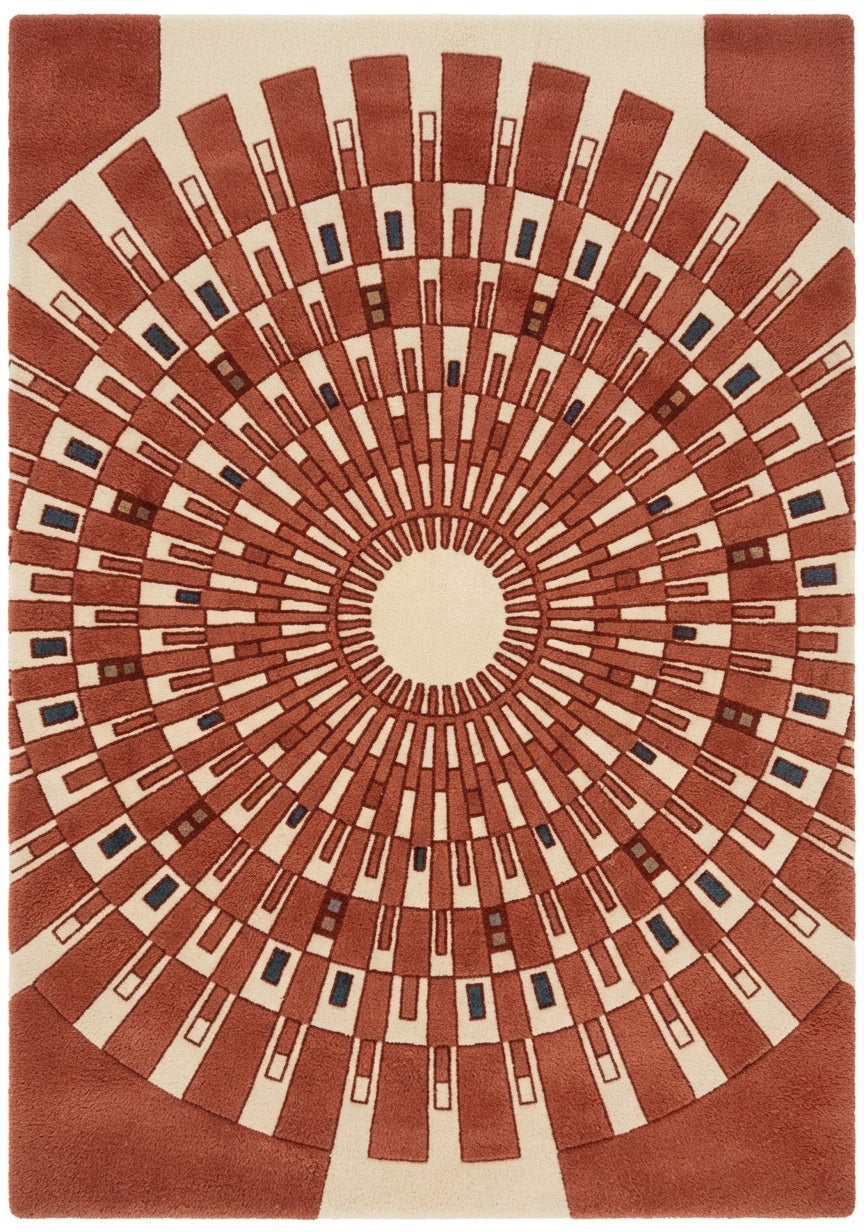 Terracotta Sunburst Deco Hand Tufted Wool Rug — terracotta, red, cream art deco rug by Maia Homes
