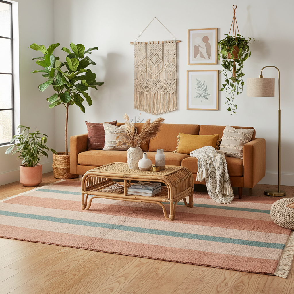 Cozy living room with a brown sofa, terracotta rug, wicker coffee table, and decorative plants.