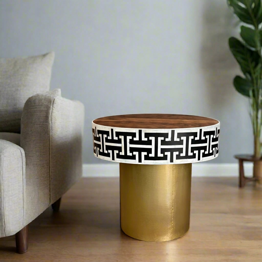 Tetris Mother-of-Pearl Inlay Side Table – Brass & Black