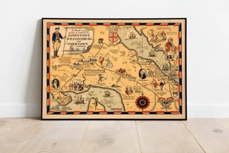 Map of Jamestown, Williamsburg and Yorktown| Virginia Wall Print