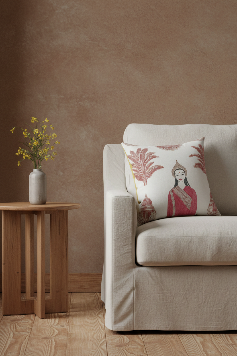 A square decorative throw pillow with a traditional Indian-style illustration of a woman in a red sari and gold crown, set against a background of pink and green leaves. The pillow is styled on a cream-colored fabric armchair next to a small wooden side table with yellow flowers, set against a textured brown wall.