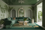 Luxurious living room with green walls, art deco rug, sofa, and decorative elements.