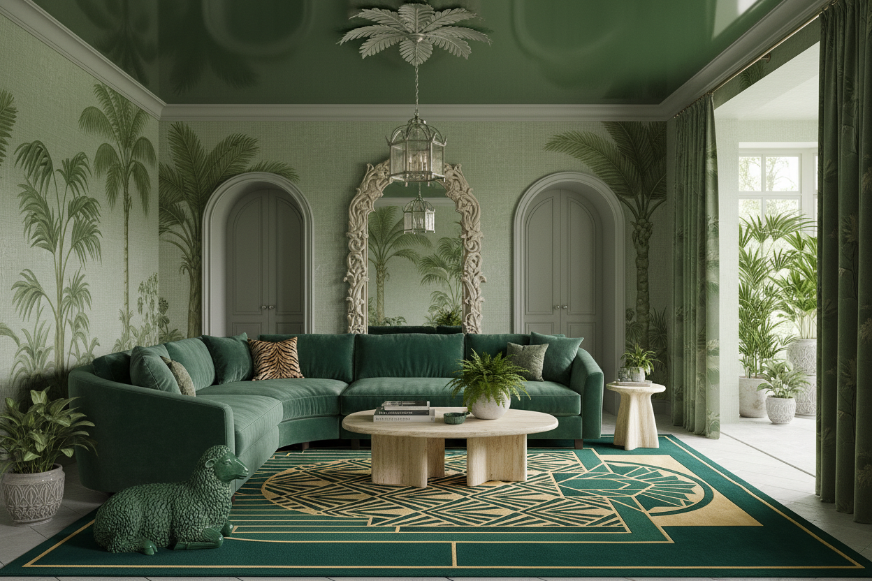 Luxurious living room with green walls, art deco rug, sofa, and decorative elements.