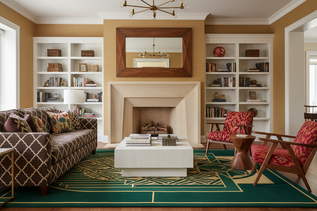 Living room with an art deco rug, fireplace, bookshelves, and patterned sofa.