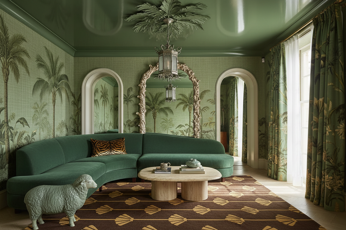Luxurious living room with green walls, art deco rug, sofa, and decorative elements.