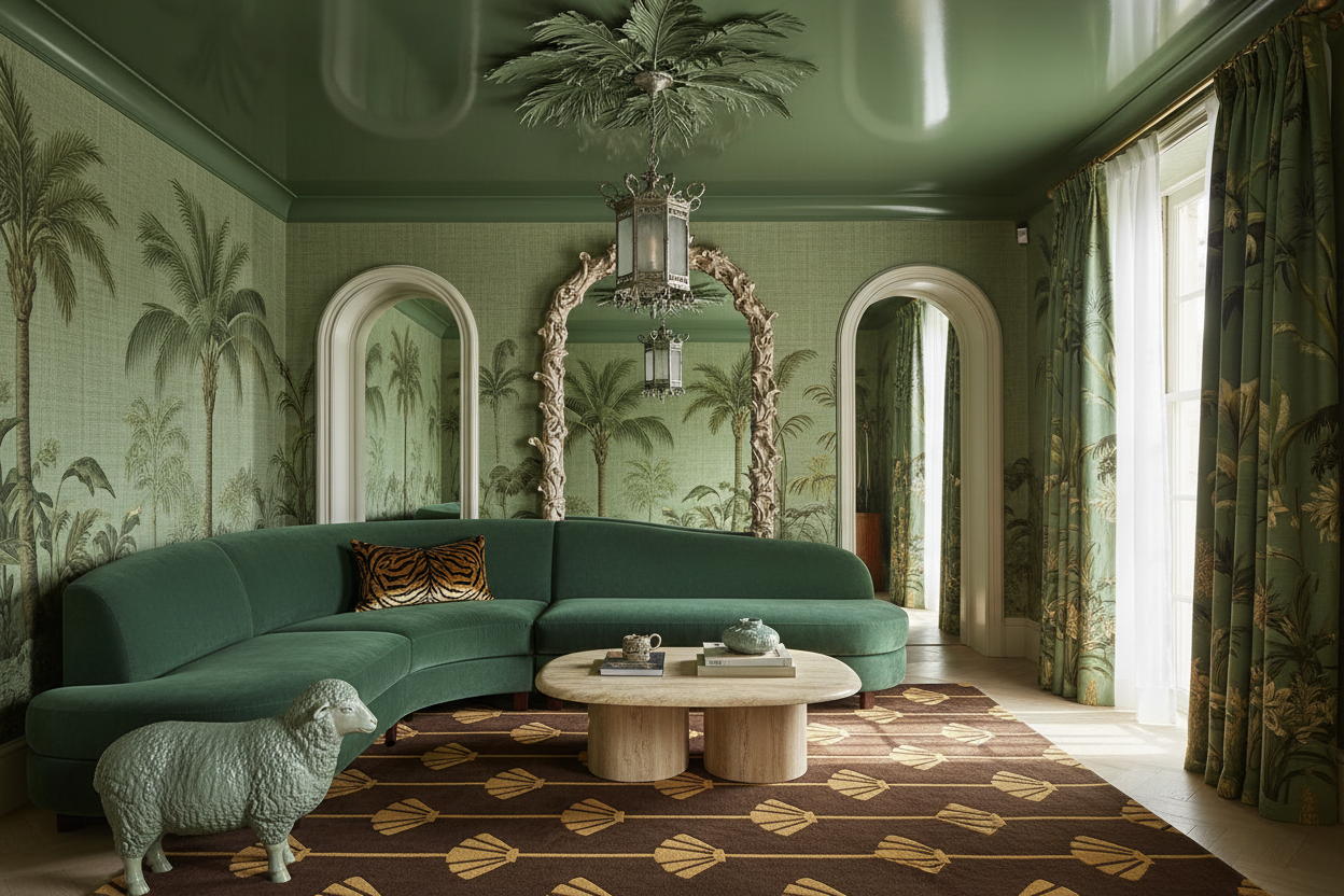 Luxurious living room with green walls, art deco rug, sofa, and decorative elements.