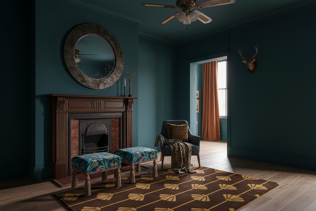 Living room with teal walls, wooden fireplace, and patterned rug.
