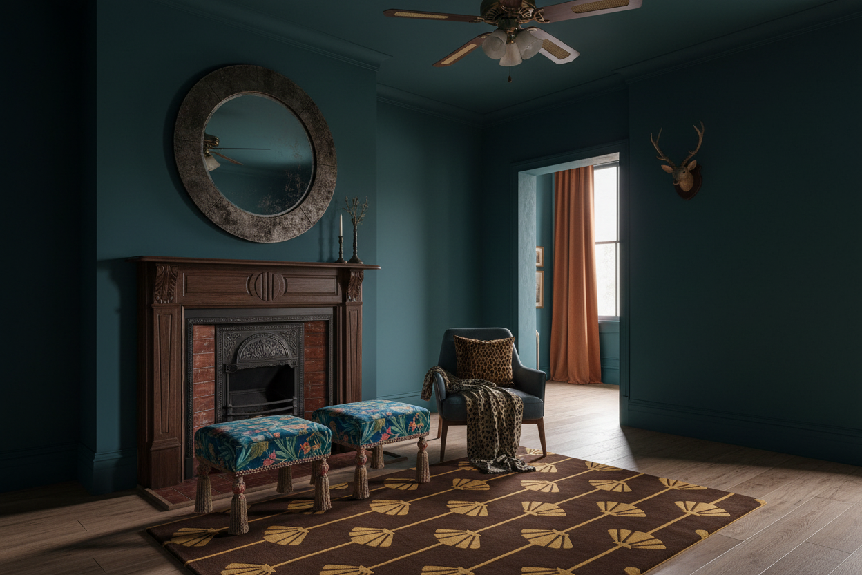 Living room with teal walls, wooden fireplace, and patterned rug.