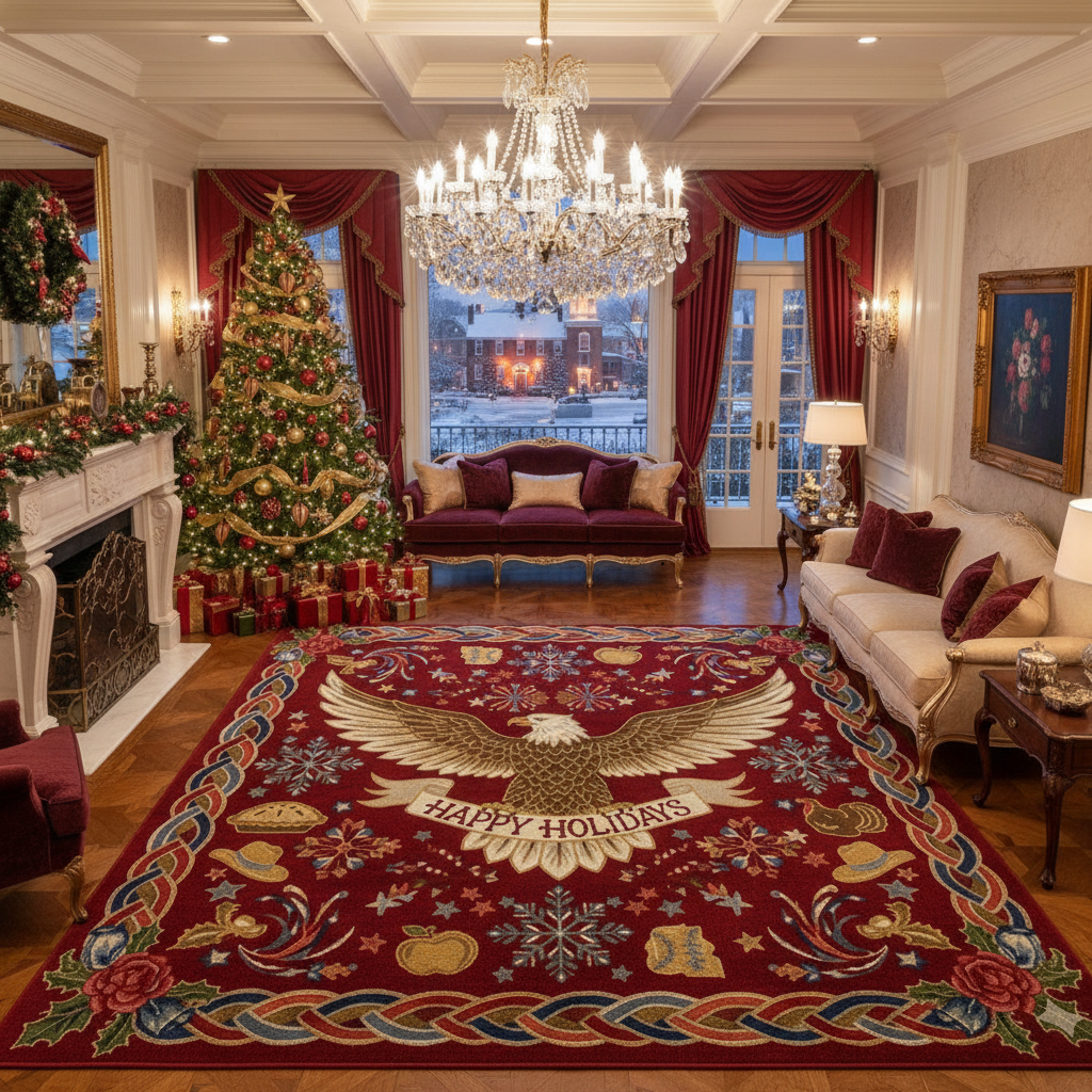 Decorative holiday rug with an eagle and 'Happy Holidays' text on a red background.