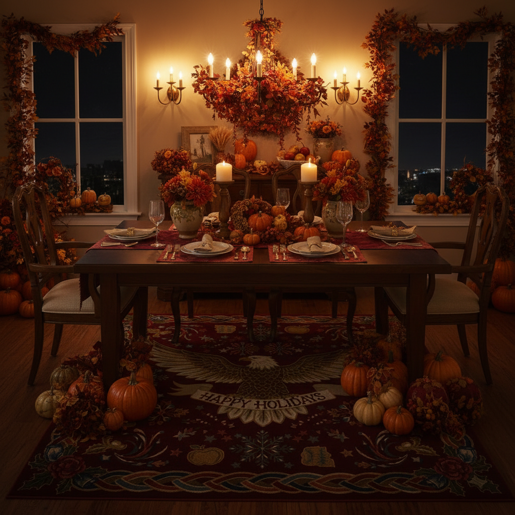 Dining room with a festively decorated table for Thanksgiving, featuring pumpkins, candles, and autumn-themed centerpieces.