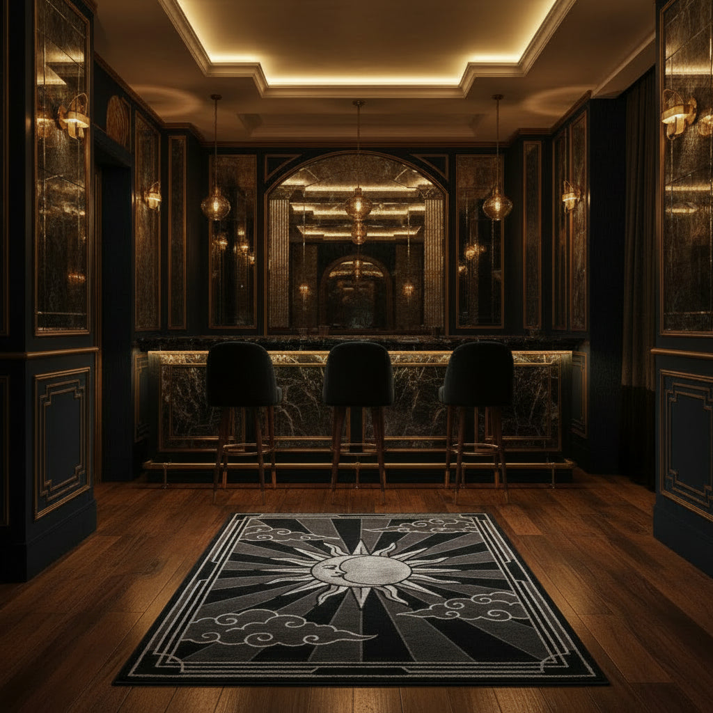 Decorative rug with sun and moon design on a black background