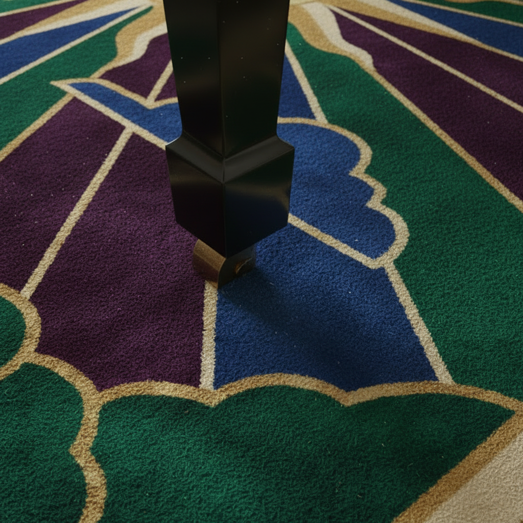 Close-up of a colorful geometric-patterned rug with a black leg in the foreground.