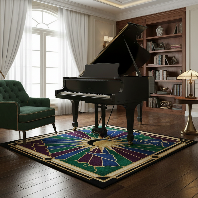 Grand piano in a stylishly decorated room with a colorful rug.