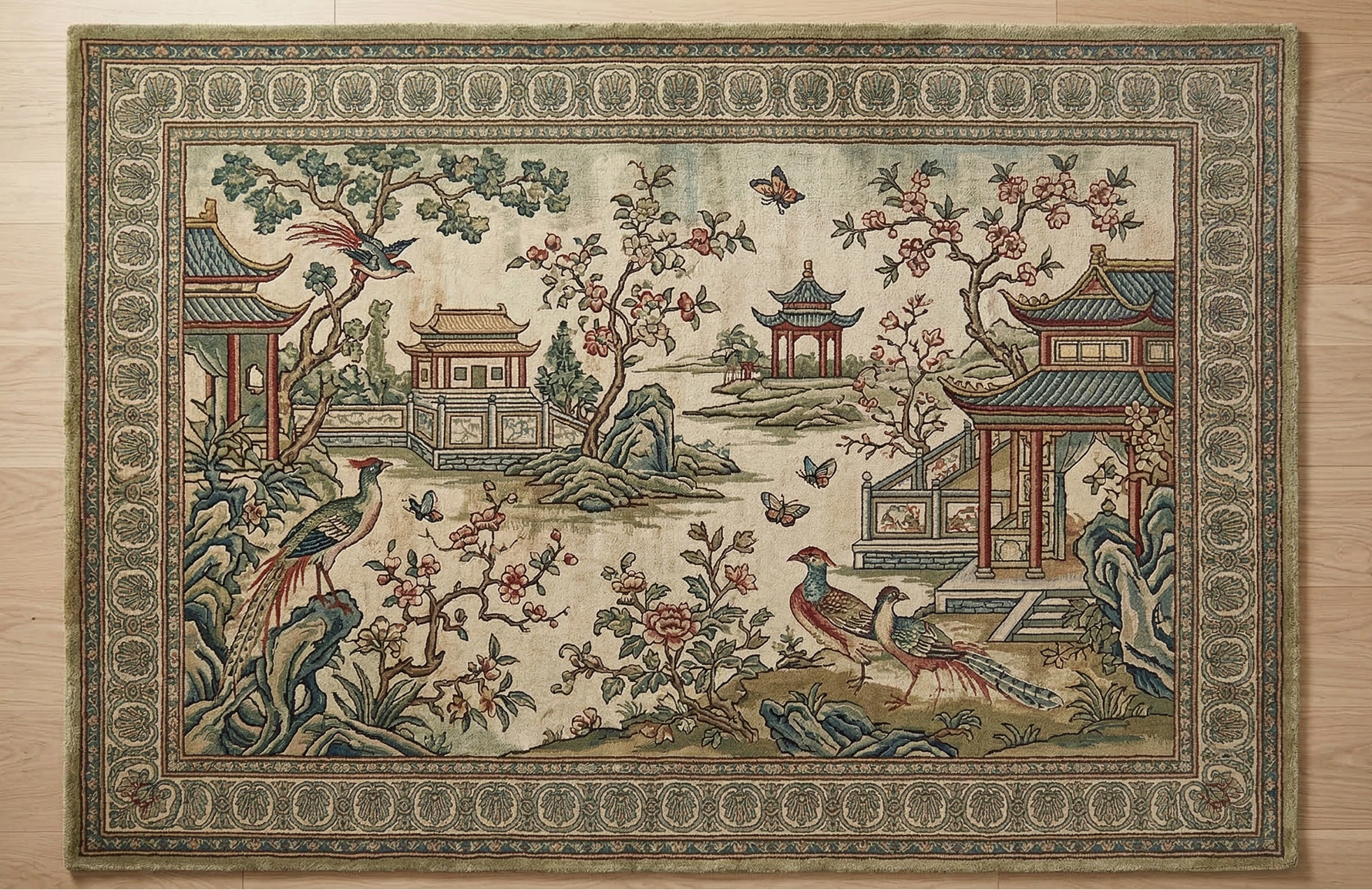 Decorative rug with intricate patterns and elements on a wooden floor