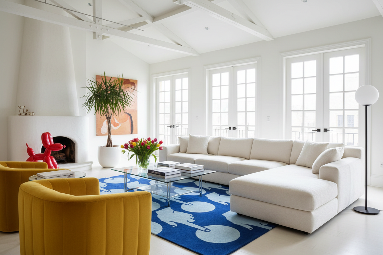 Modern living room with a white sectional sofa, yellow chairs, and a blue rug.