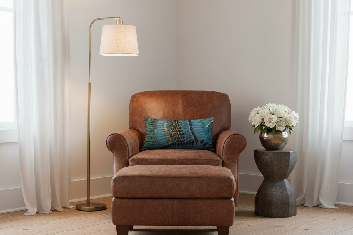 A cream-colored upholstered armchair with a light wood frame, styled with a blue patterned throw pillow, next to a small wooden side table holding a vase of yellow flowers against a textured brown wall.