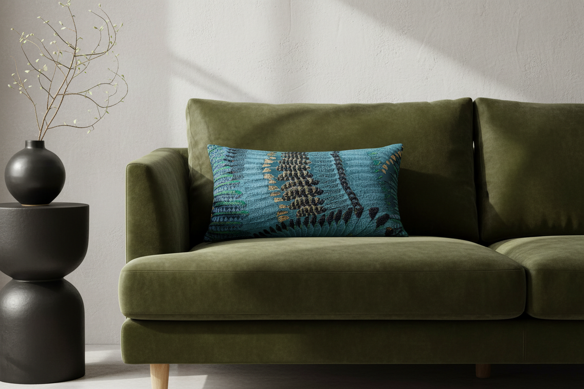 A cream-colored upholstered armchair with a light wood frame, styled with a blue patterned throw pillow, next to a small wooden side table holding a vase of yellow flowers against a textured brown wall.