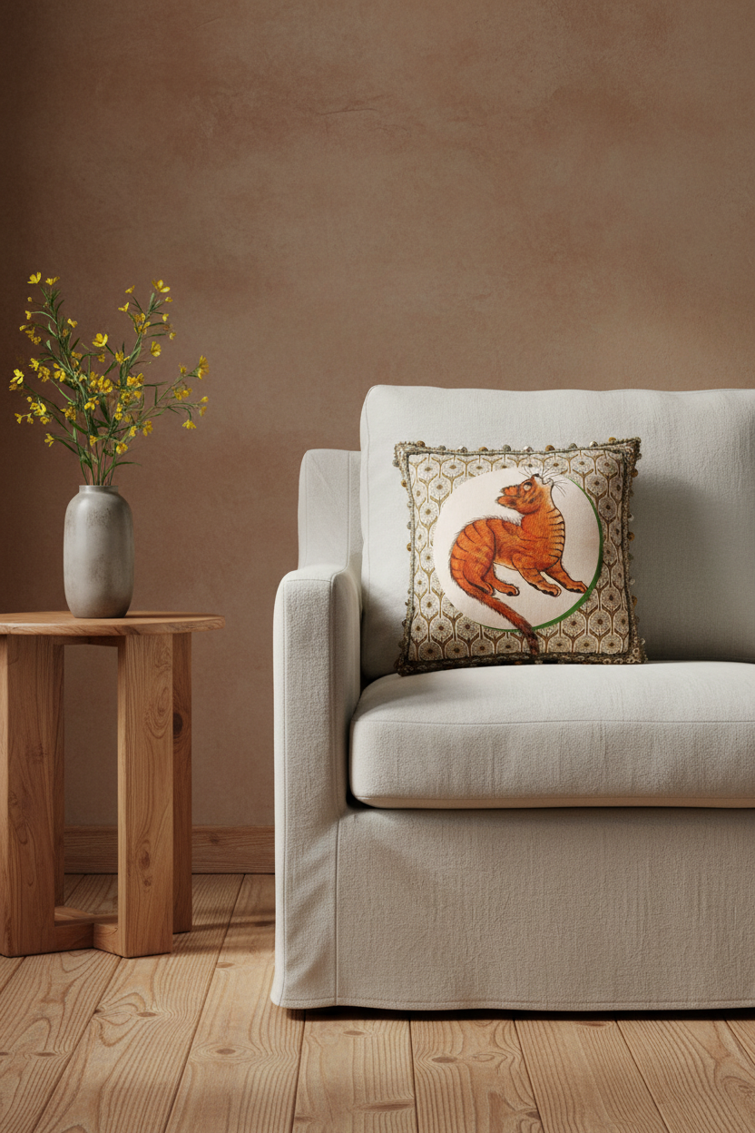A styled cream-colored armchair in a bright, sunlit room with sheer curtains, featuring a decorative throw pillow with a fox illustration. A matching side table with pink flowers and a brass floor lamp are positioned next to the chair.