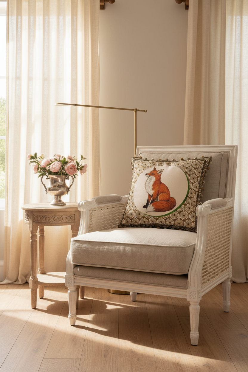 A styled cream-colored armchair in a bright, sunlit room with sheer curtains, featuring a decorative throw pillow with a fox illustration. A matching side table with pink flowers and a brass floor lamp are positioned next to the chair.