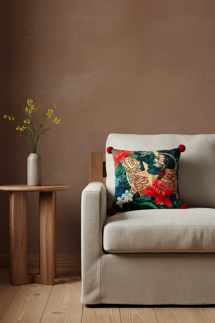 A decorative throw pillow with a colorful tropical animal print sits on a light beige armchair next to a small wooden side table holding a vase of yellow flowers against a textured brown wall.