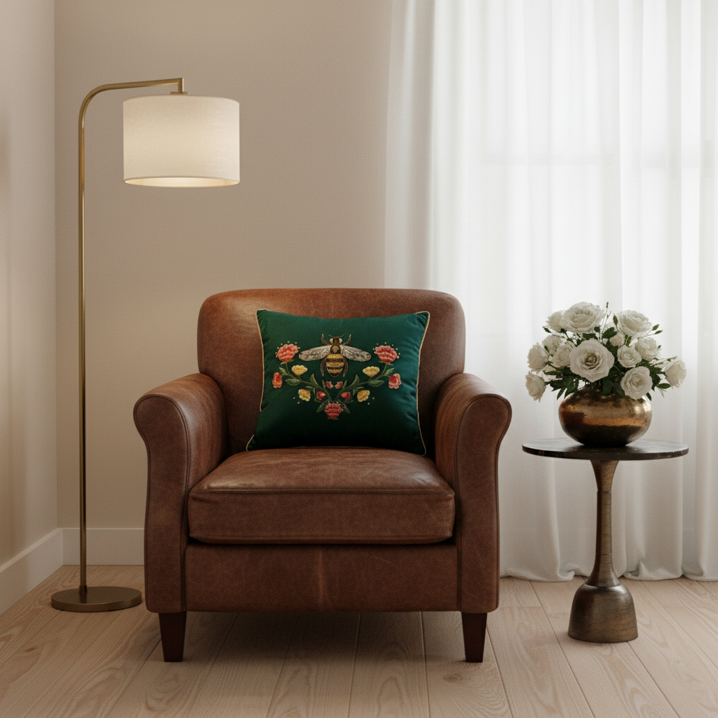 A light gray upholstered armchair with a dark green embroidered throw pillow featuring a bee and floral design, set in a styled room with a floor lamp, wooden side table, and paneled gray wall.