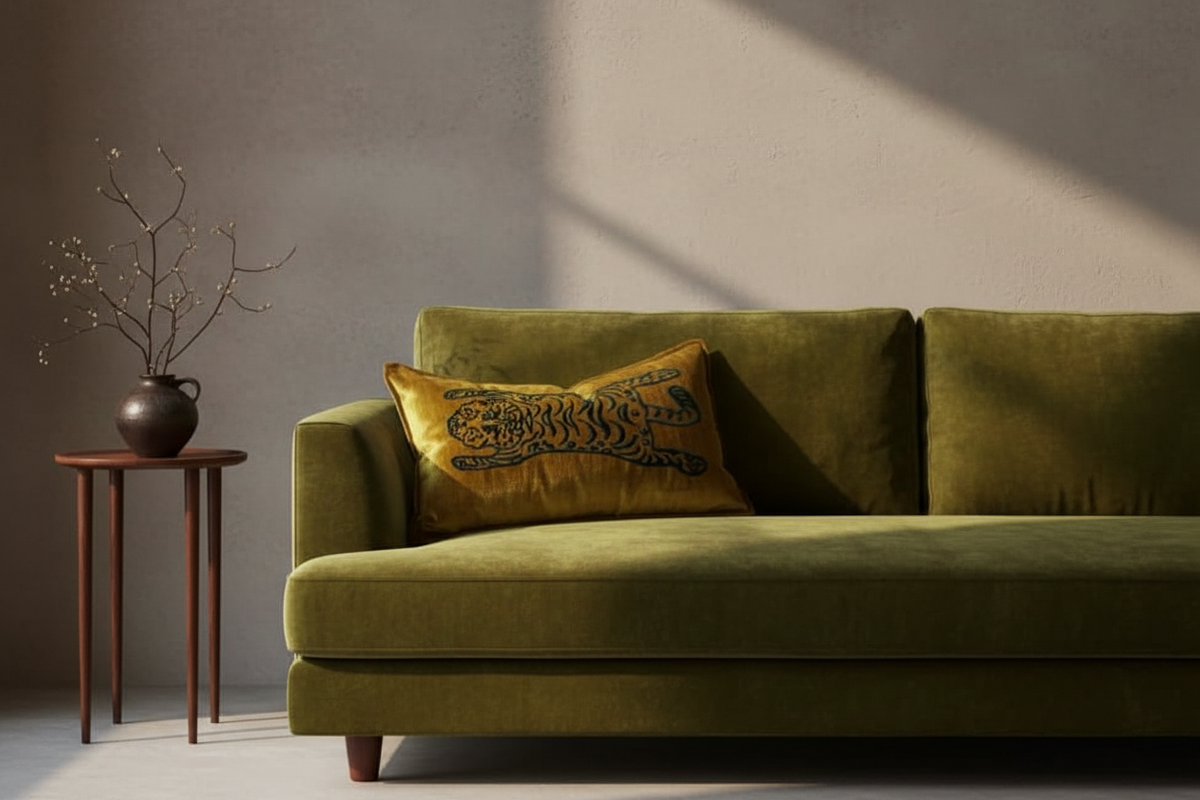 An olive green velvet sofa in a modern living room setting, styled with a yellow and blue embroidered throw pillow and a black side table with a vase of dried branches.