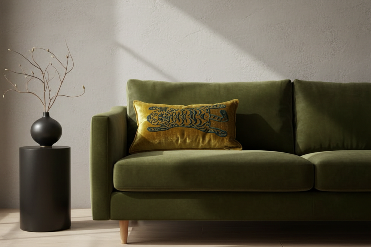 An olive green velvet sofa in a modern living room setting, styled with a yellow and blue embroidered throw pillow and a black side table with a vase of dried branches.