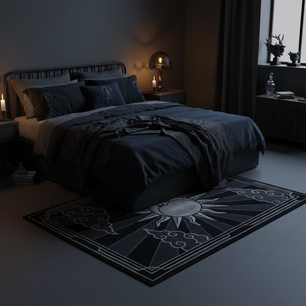 Dark bedroom with a bed and decorative rug featuring a sun design.