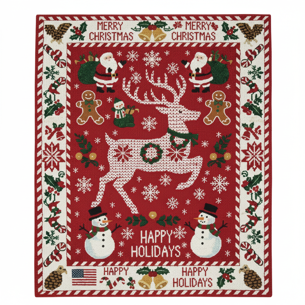 Large, hand-knotted Christmas rug featuring a central white knitted reindeer on a vibrant red field. The rug has a dense border displaying repeating holiday motifs like Santa Claus, snowmen, candy canes, pine cones, and the text "Merry Christmas" and "Happy Holidays." The overall style mimics a classic knitted or embroidered holiday sweater.
